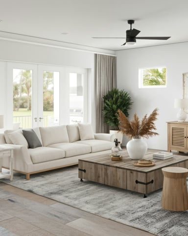 Bright coastal living room with white sofa, wood coffee table, and French doors opening to a patio