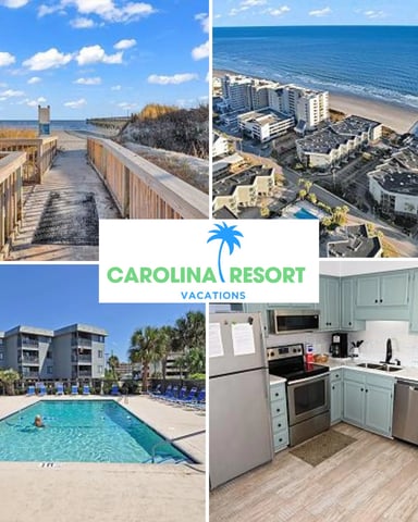 Carolina Resort Vacations collage showing beach boardwalk, oceanfront buildings, swimming pool, and kitchen