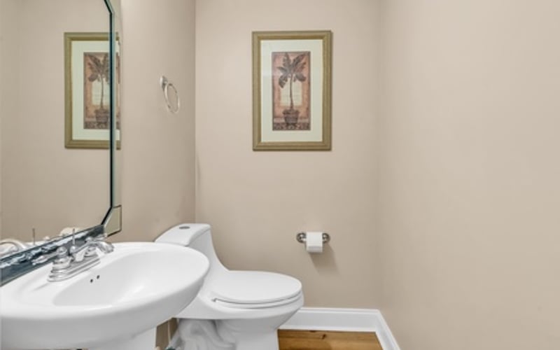 Bathroom with pedestal sink, toilet, framed botanical artwork, and wood flooring